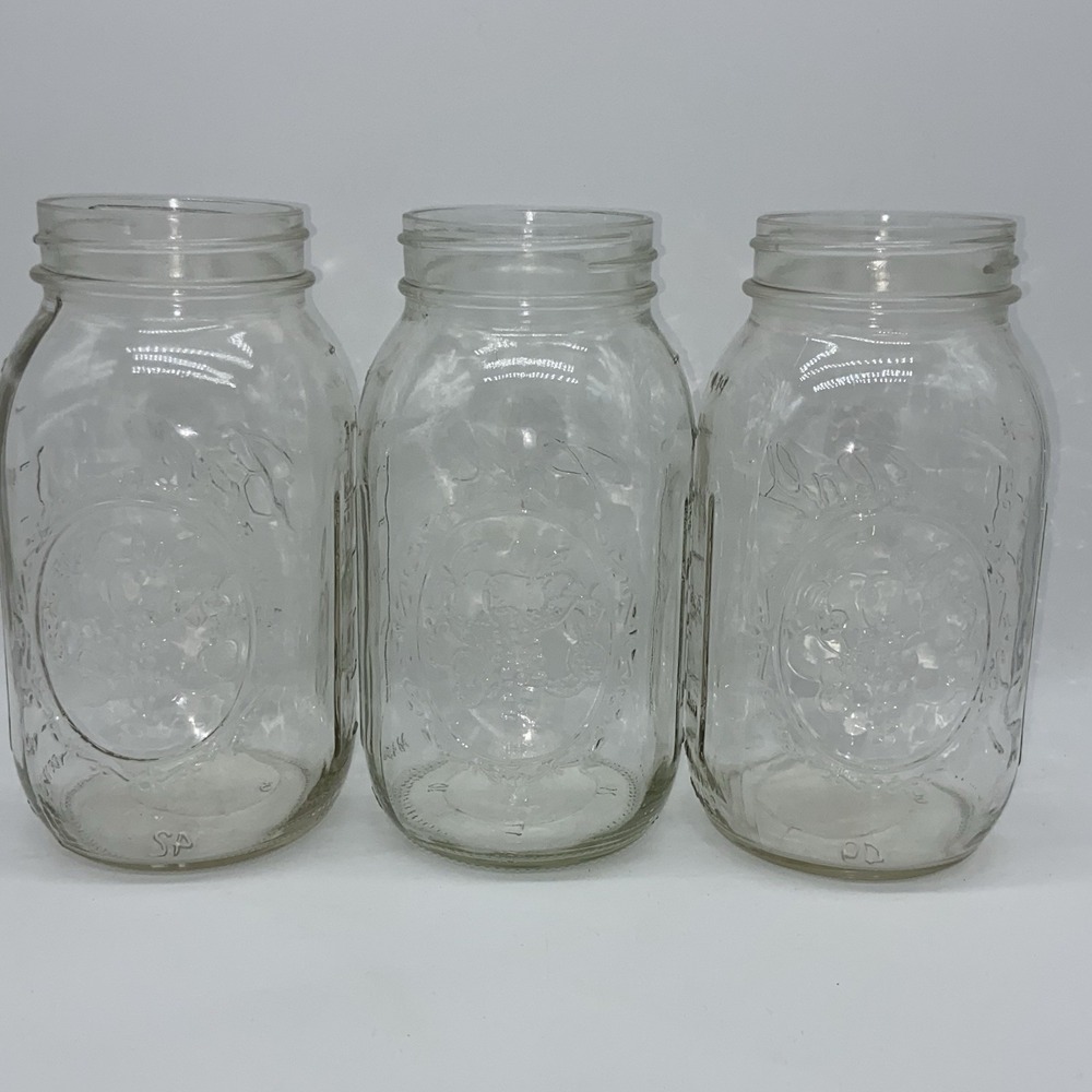 Glass Ball Mason Jars Quart Fruit‎ Emblem Vintage Set Of 3 (24 Ounces) USA EUC